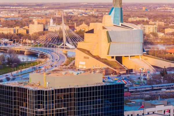 Skyline of Winnipeg at sunset. Winnipeg, Manitoba, Canada.